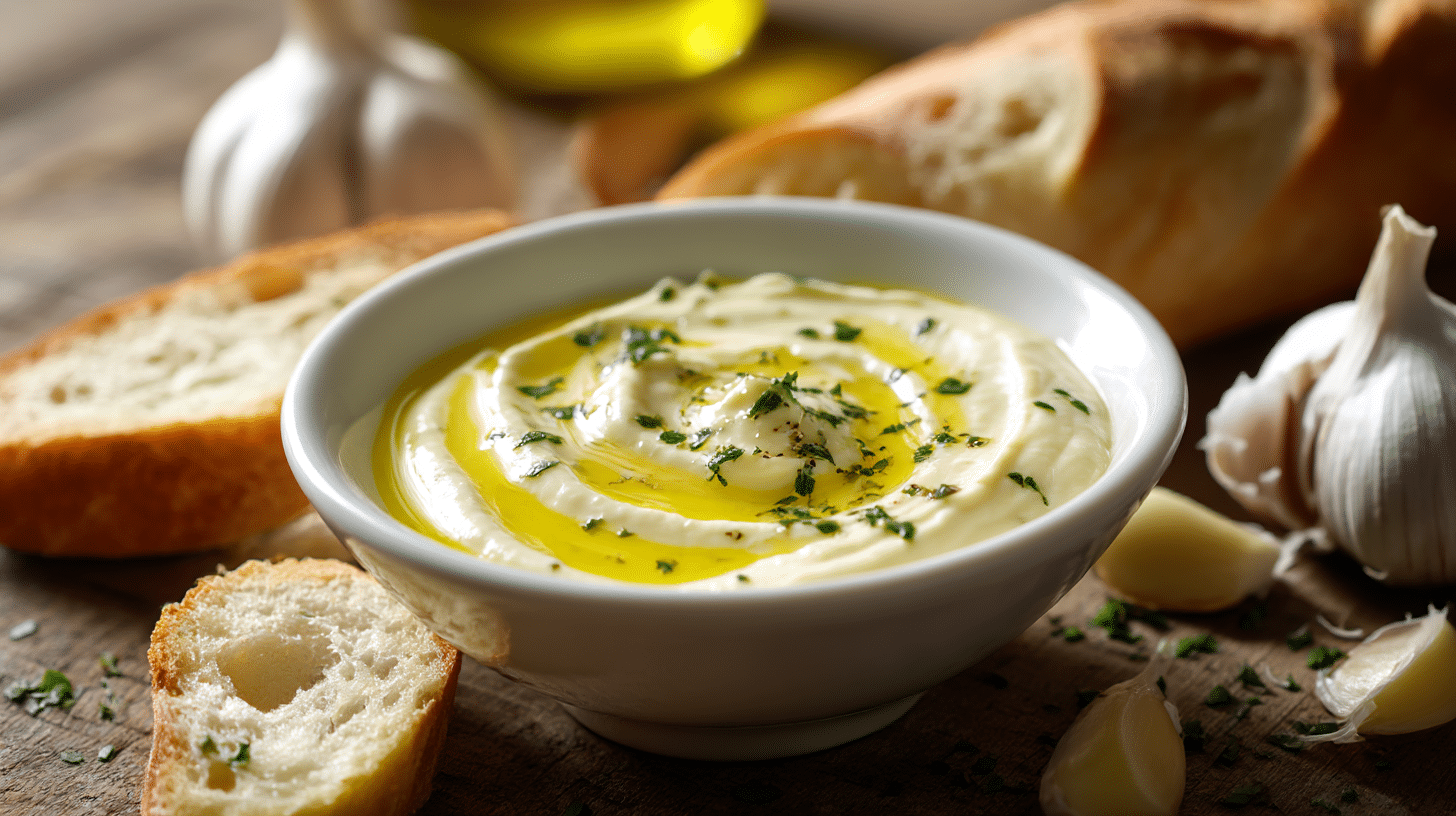 Original Aioli in einer Schüssel, serviert mit frischem Brot