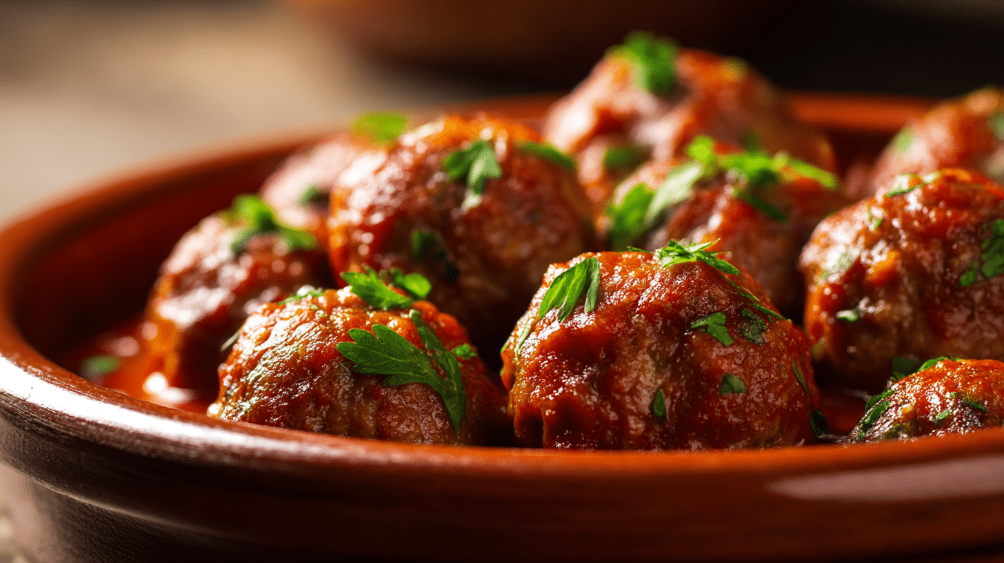 Nahaufnahme von zwei original Albondigas mit aromatischer Soße, die deren saftige Textur zeigt.