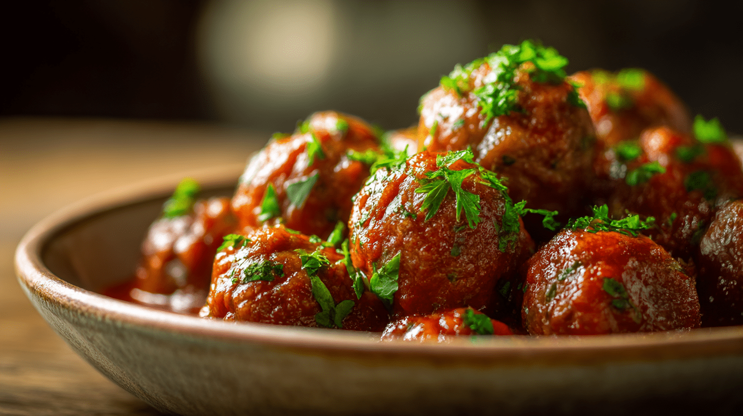 Serviervorschlag für original Albondigas mit frischem Brot und Petersilie garniert, ideal für gesellige Anlässe.
