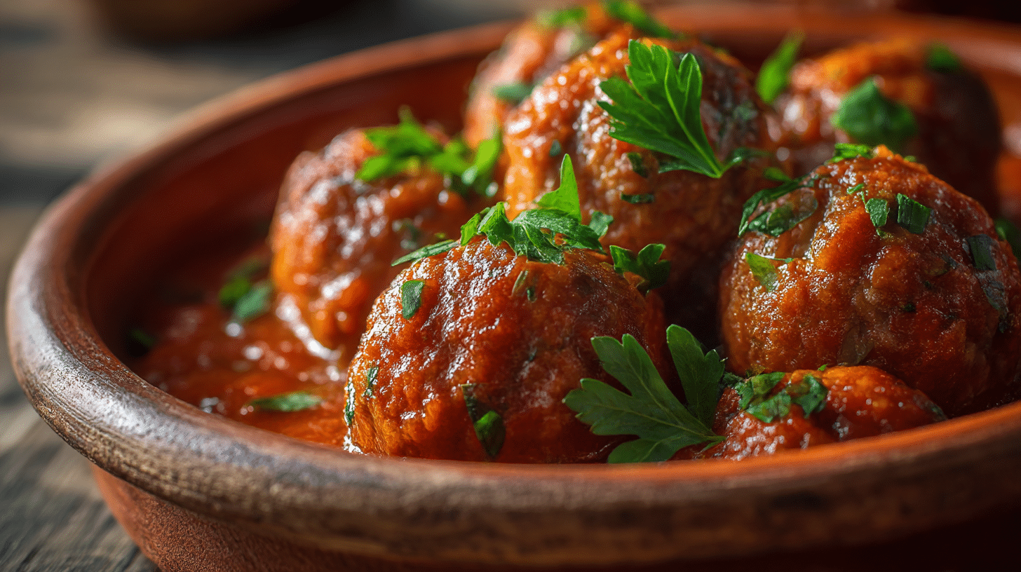 Zutaten für das originale Albondigas Rezept in einer ansprechenden Anordnung auf Holzbrett.