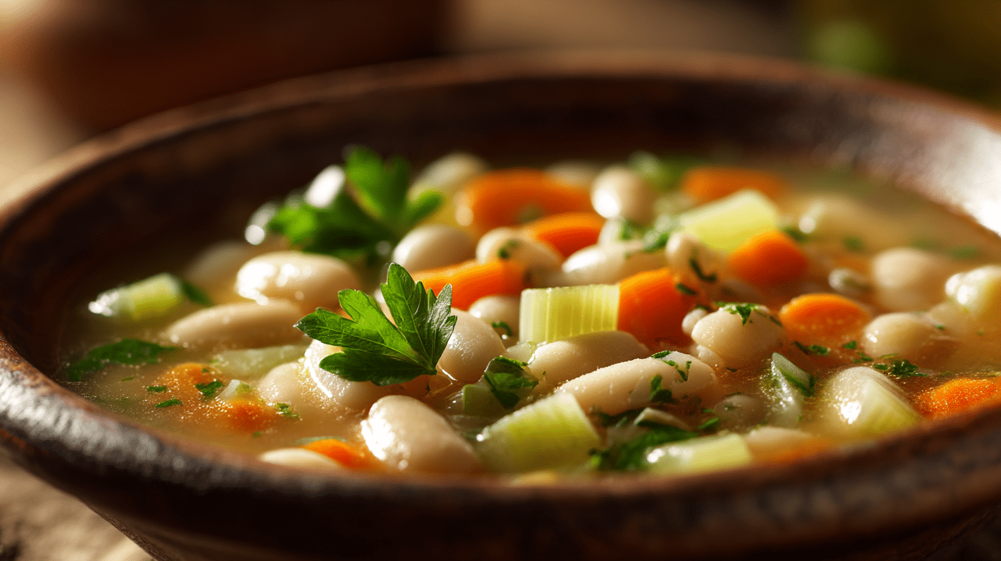 Nahaufnahme von weißer Bohnensuppe mit Bohnen und Kräutern