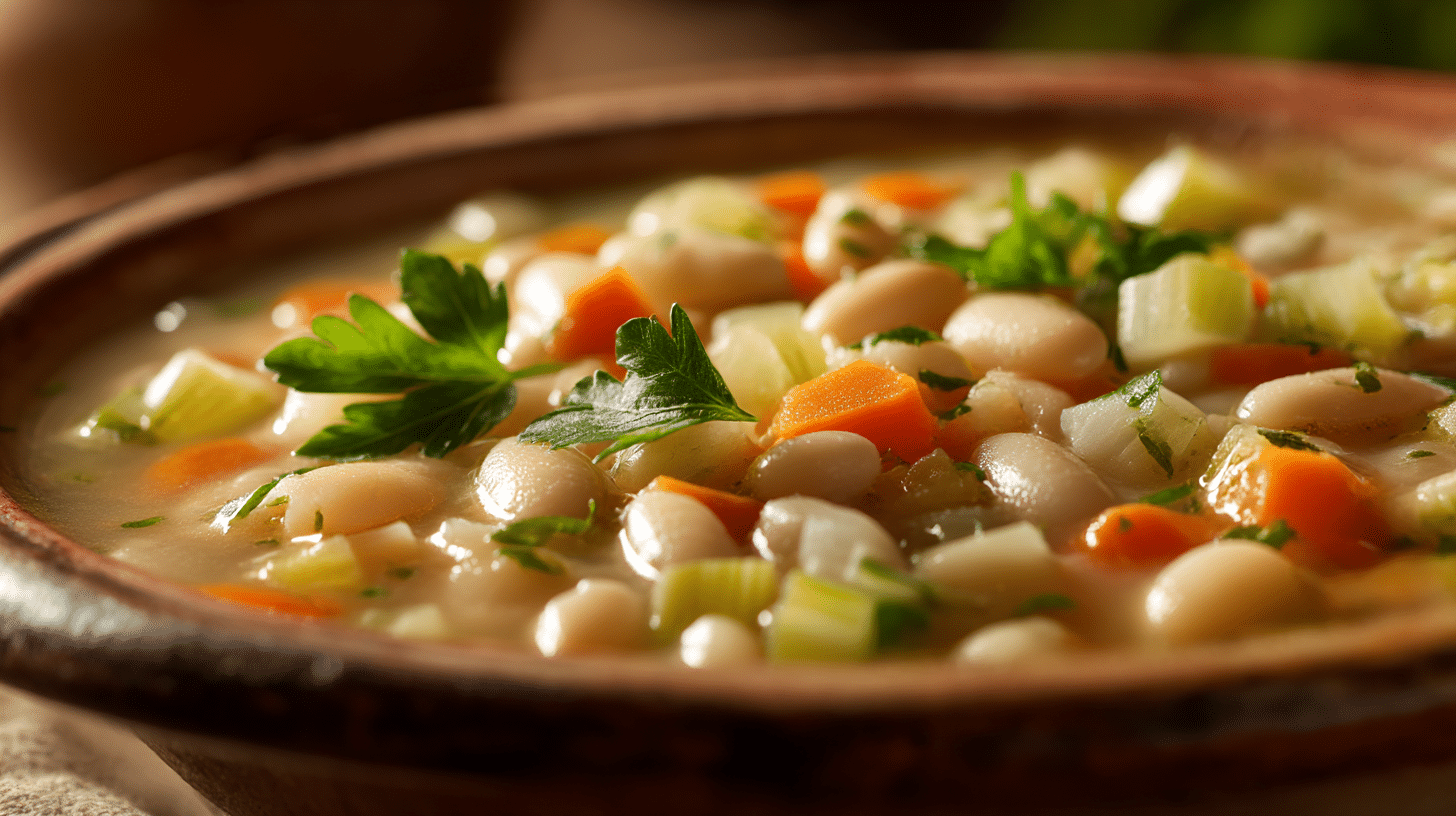 Schüssel mit heißer weißer Bohnensuppe, garniert mit frischem Petersilie