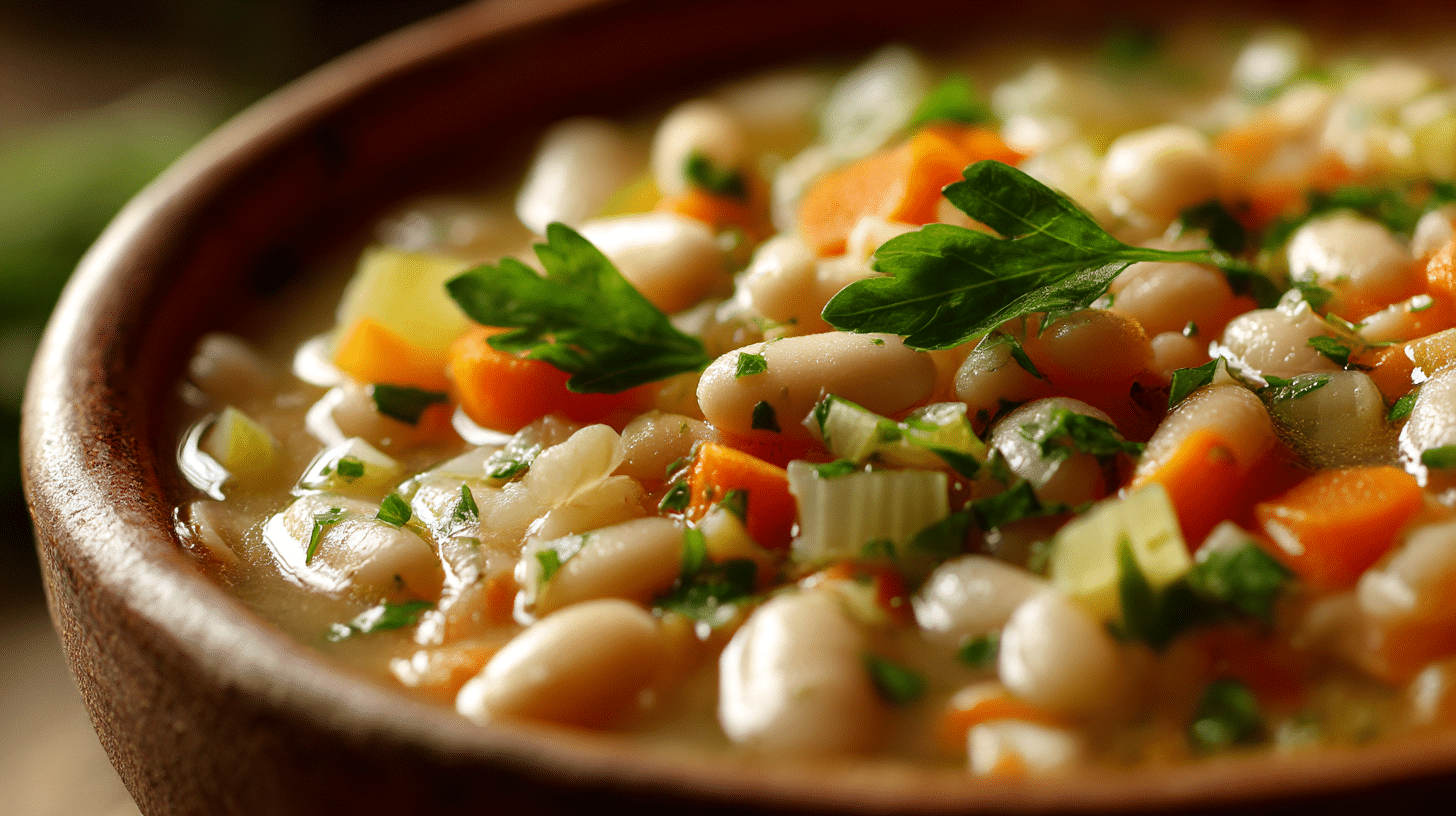 Zutaten der originalen weißen Bohnensuppe, einschließlich frischer Kräuter und Gemüse