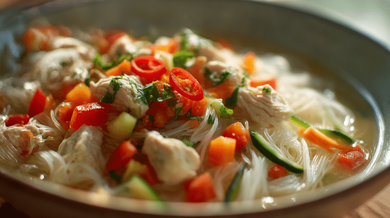 Bihunsuppe Original 9 Authentische Bihunsuppe original in einer großen Schüssel mit frischen Kräutern garniert