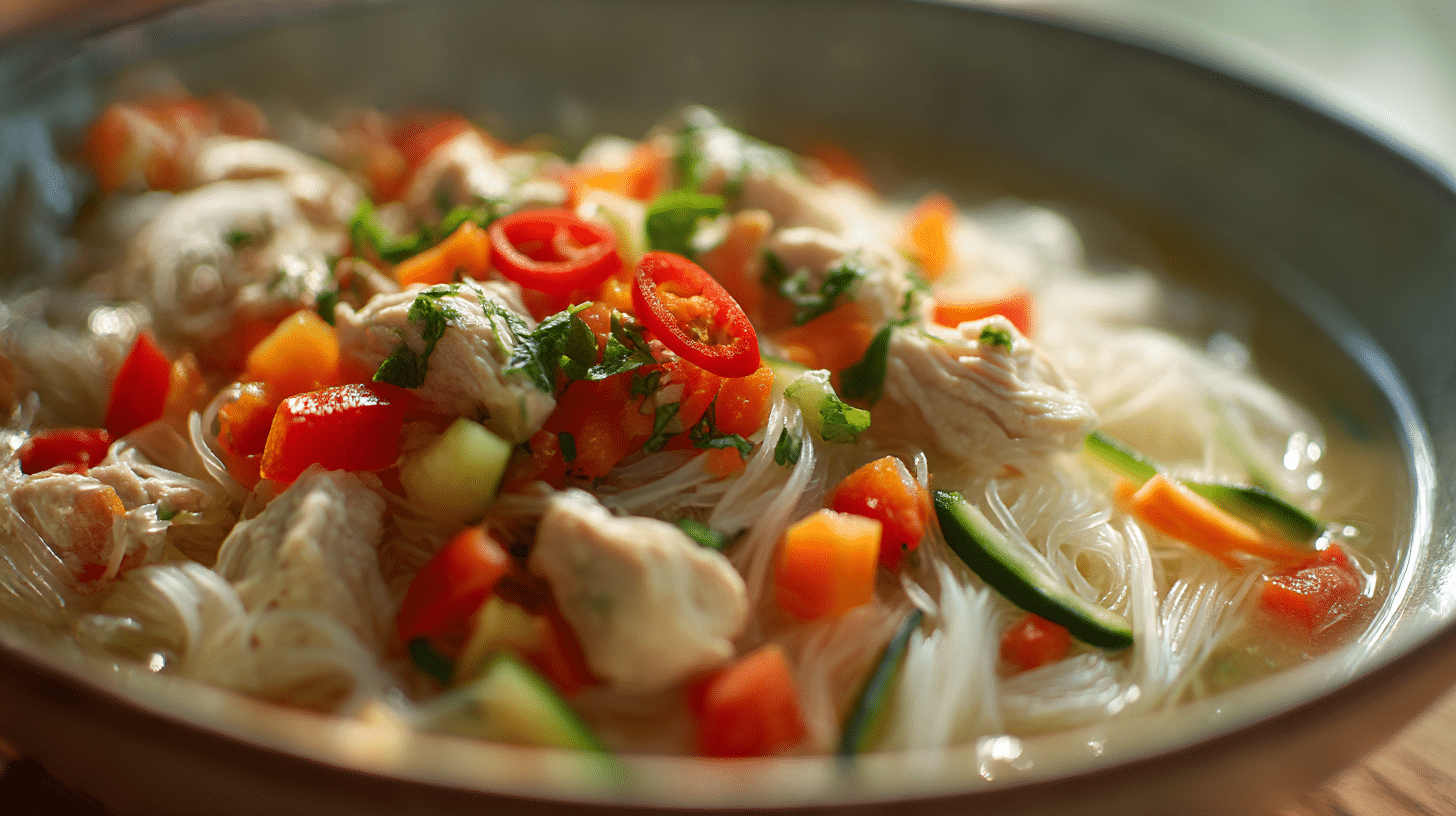 Bihunsuppe Original 1 Authentische Bihunsuppe original in einer großen Schüssel mit frischen Kräutern garniert