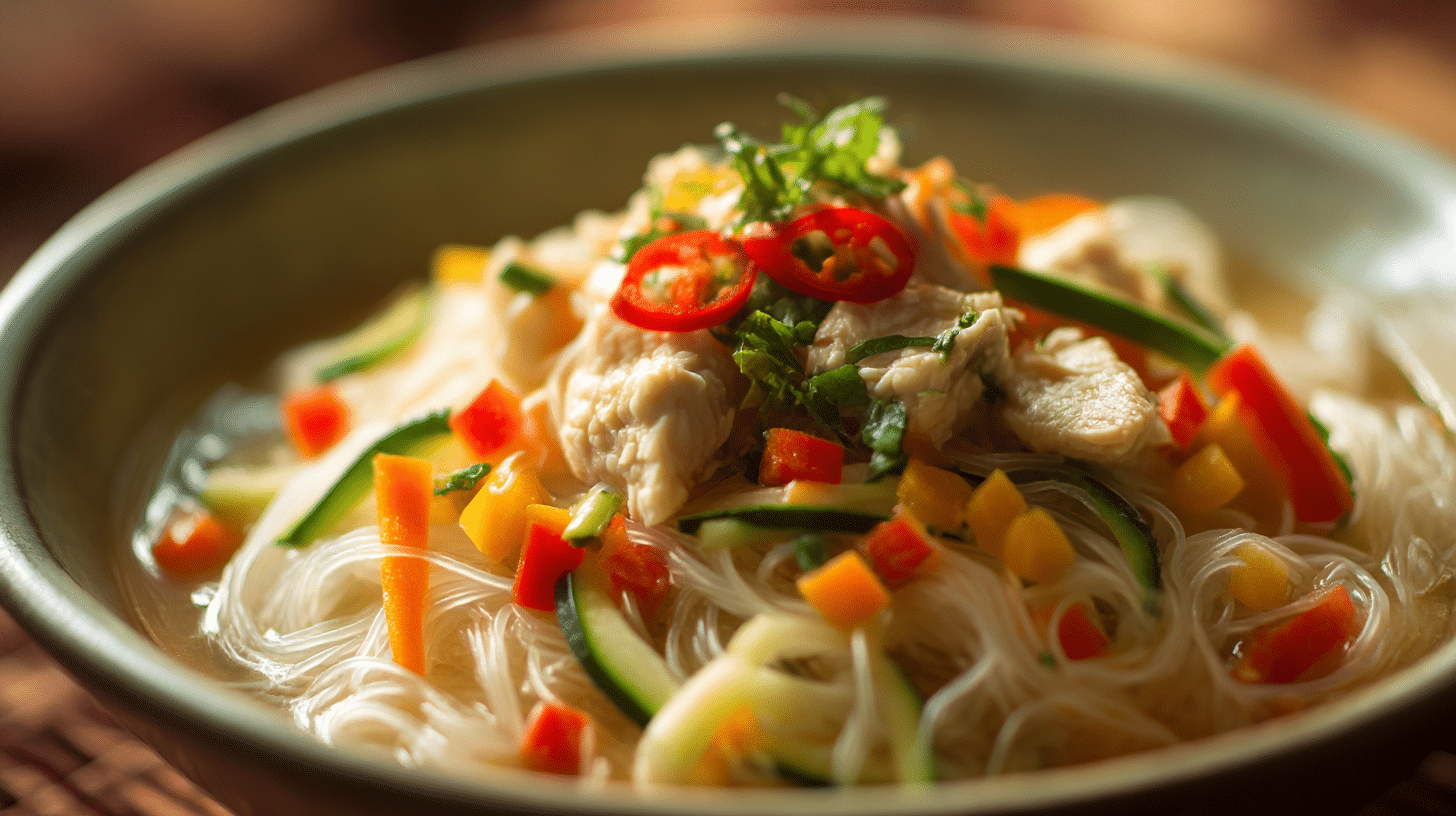 Zutaten für Bihunsuppe original auf einem Tisch angeordnet für die Zubereitung