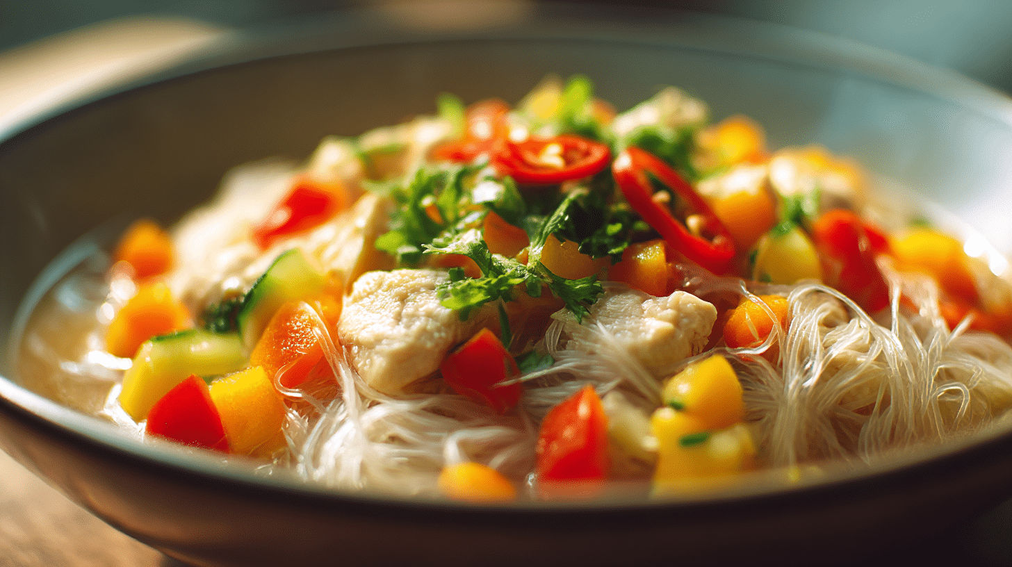 Nahaufnahme der Bihunsuppe original mit detaillierter Sicht auf die Gewürze
