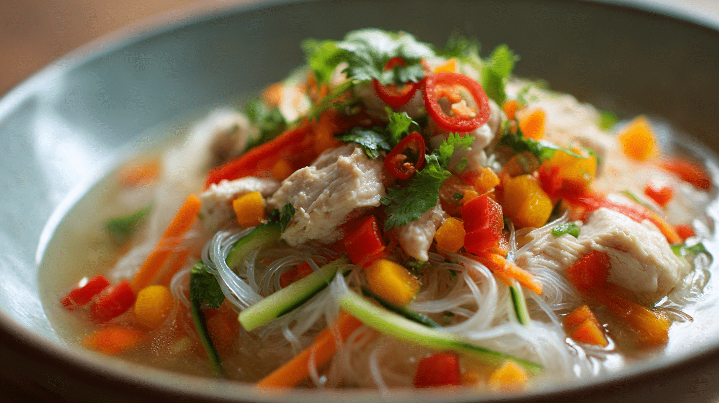 Teller mit servierter Bihunsuppe original, garniert mit Limettenscheiben und Chili