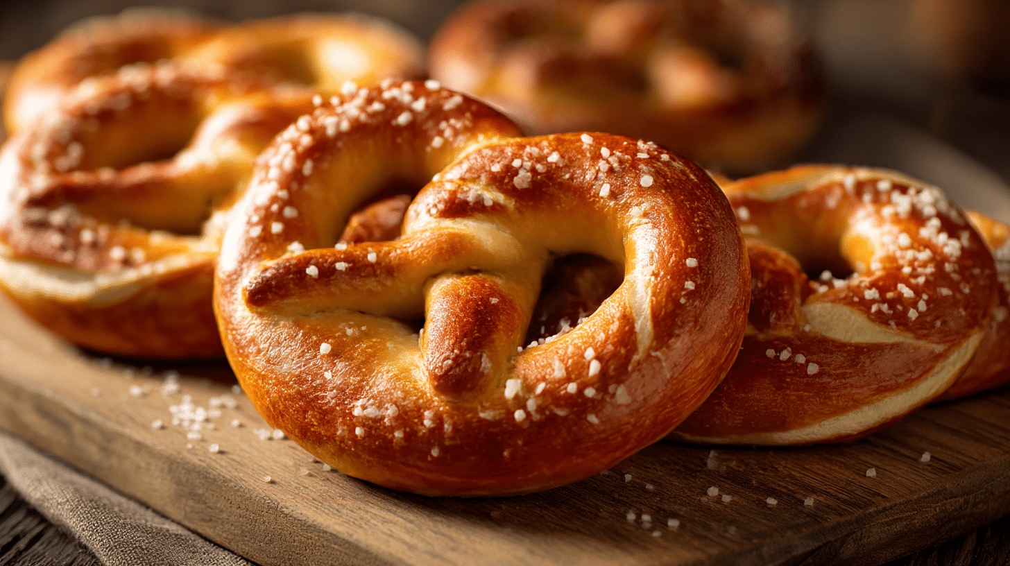 Original Brezel Rezept auf Teller serviert, dazu Senf und Butter