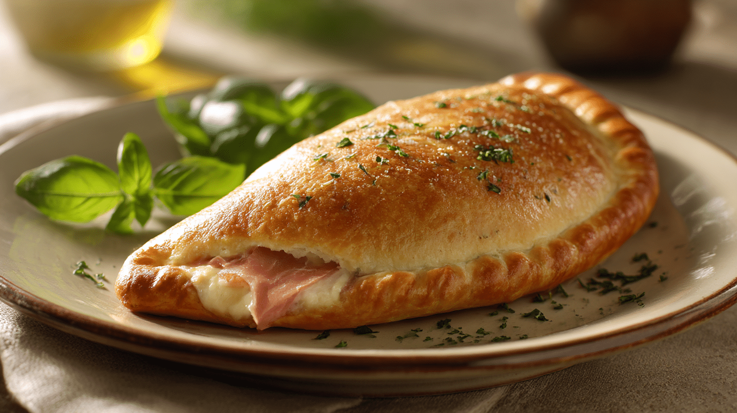 Angeschnittene Calzone, die die köstliche Füllung zeigt