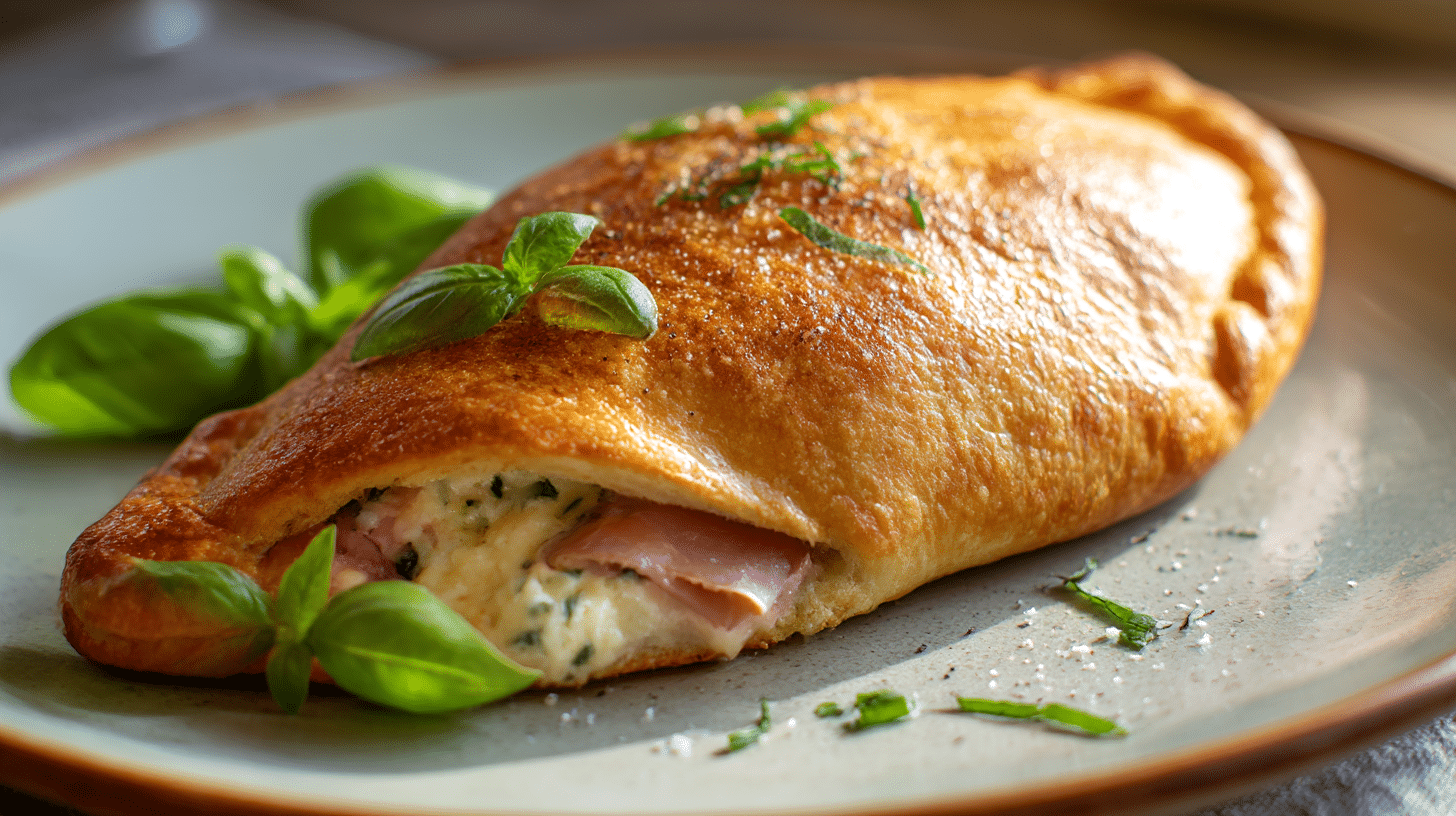 Original Calzone mit frischem Salat und Dip, traditionelle italienische Beilage