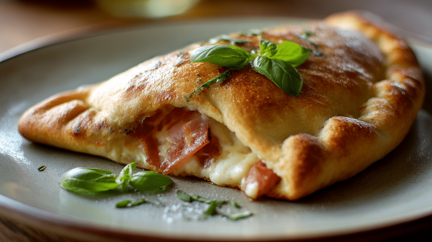 Nahaufnahme der knusprigen Außenschicht der original Calzone