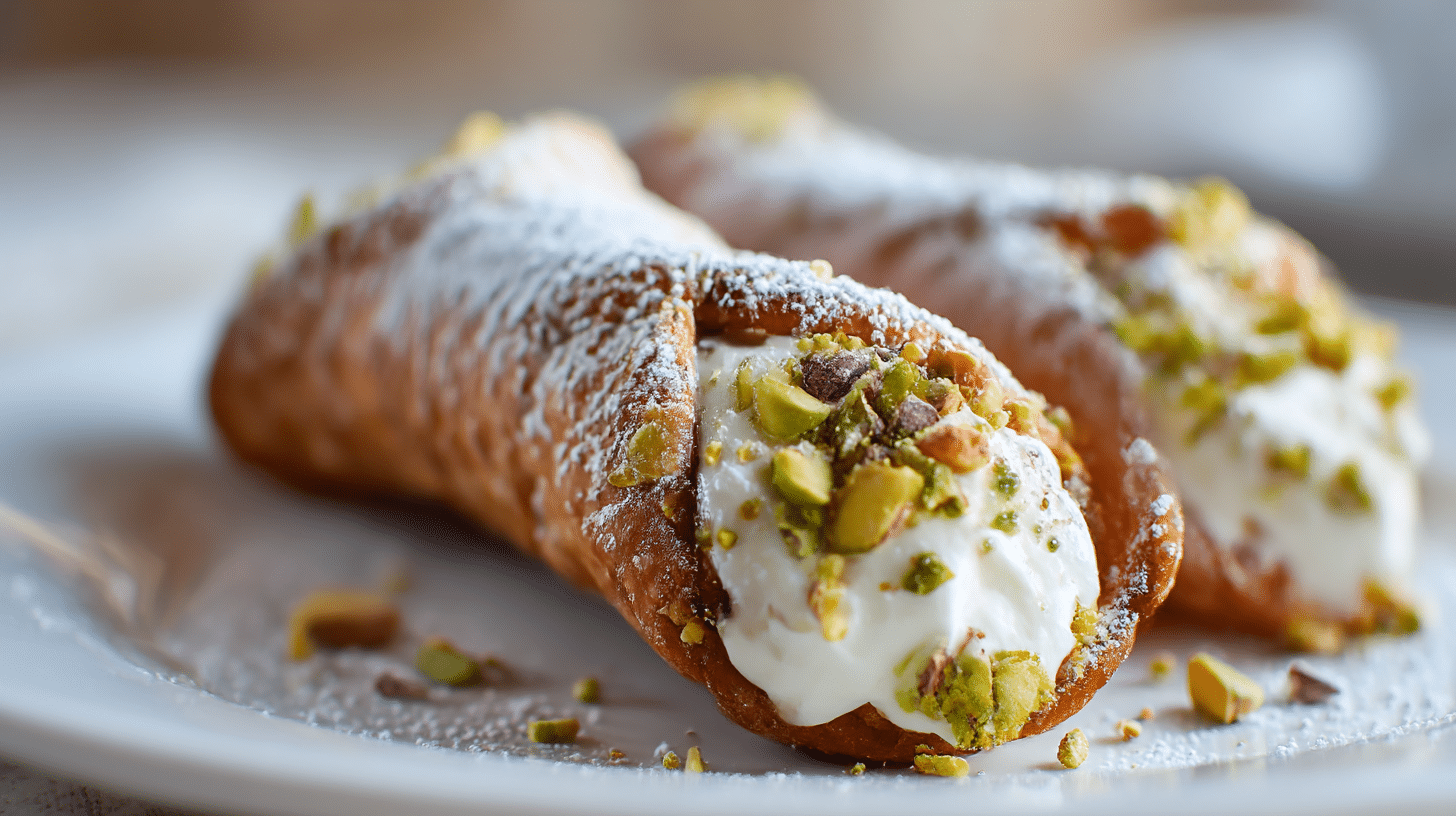 Gestapelte originale italienische Cannoli, bestäubt mit Puderzucker