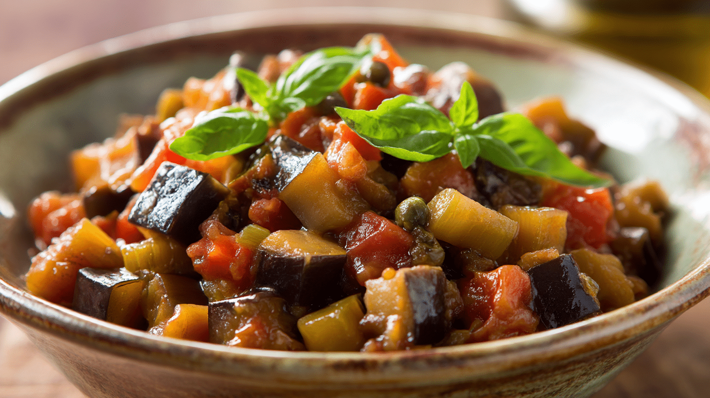 Detailaufnahme der geschnittenen Caponata mit verschiedenen Gemüsesorten.