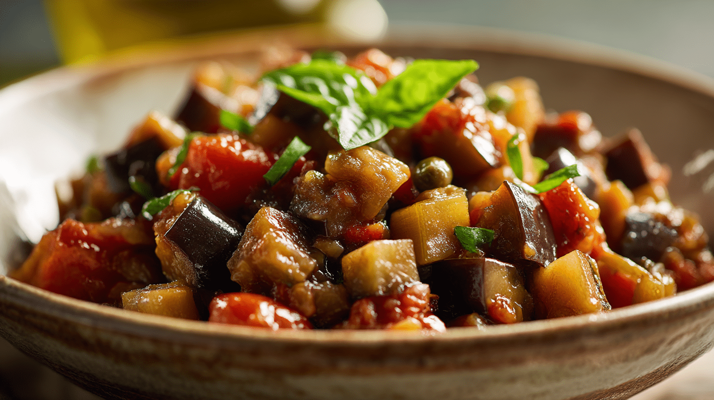 Original Caponata Rezept in einer großen Schüssel, farbenfroh und reichhaltig.