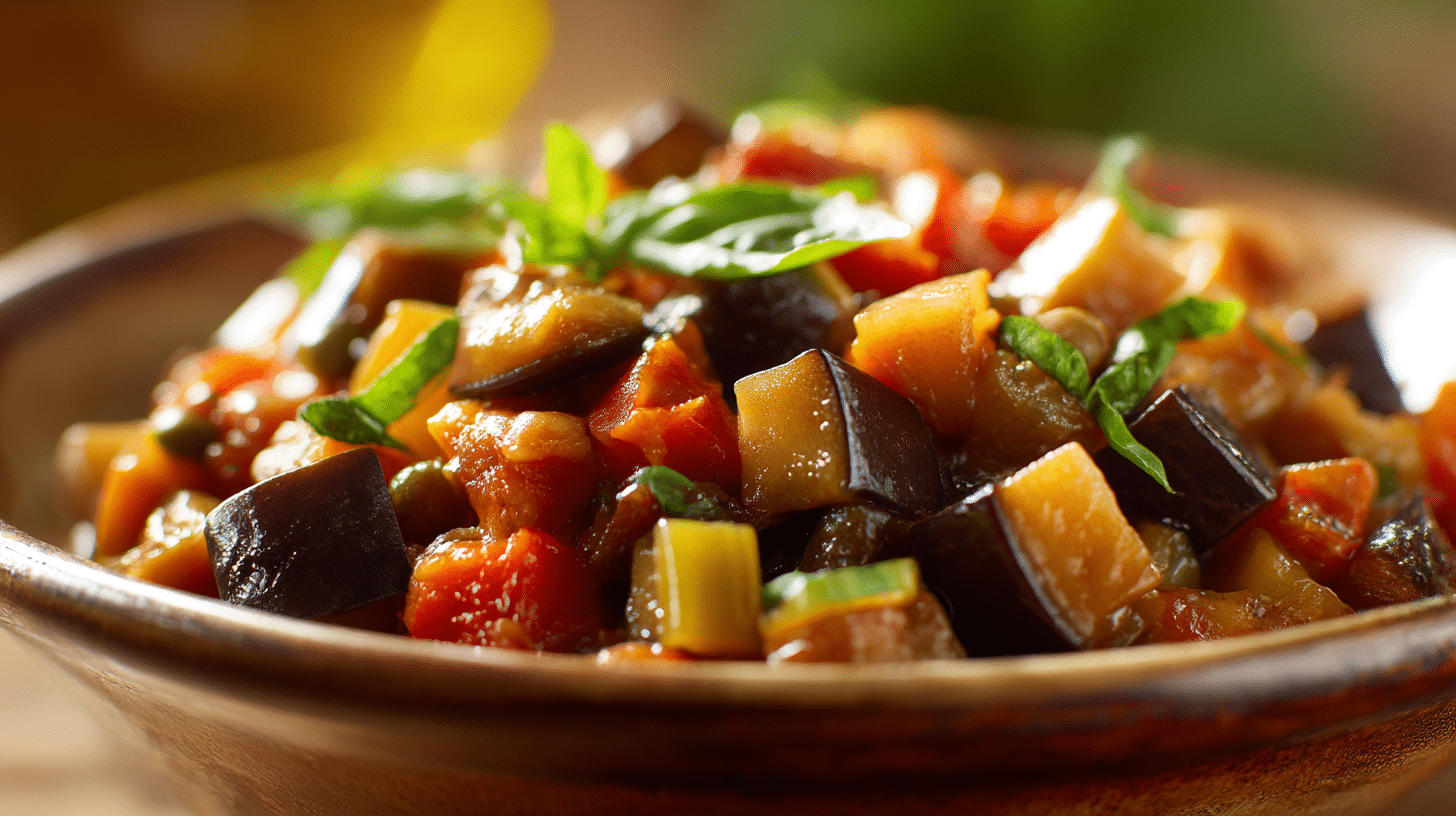 Caponata in einer Portionsgröße auf einem Teller mit frischem Brot.