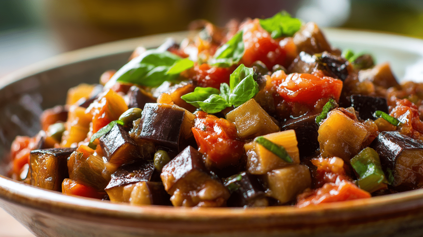 Die frischen Zutaten für die originale Caponata auf einem Holztisch.