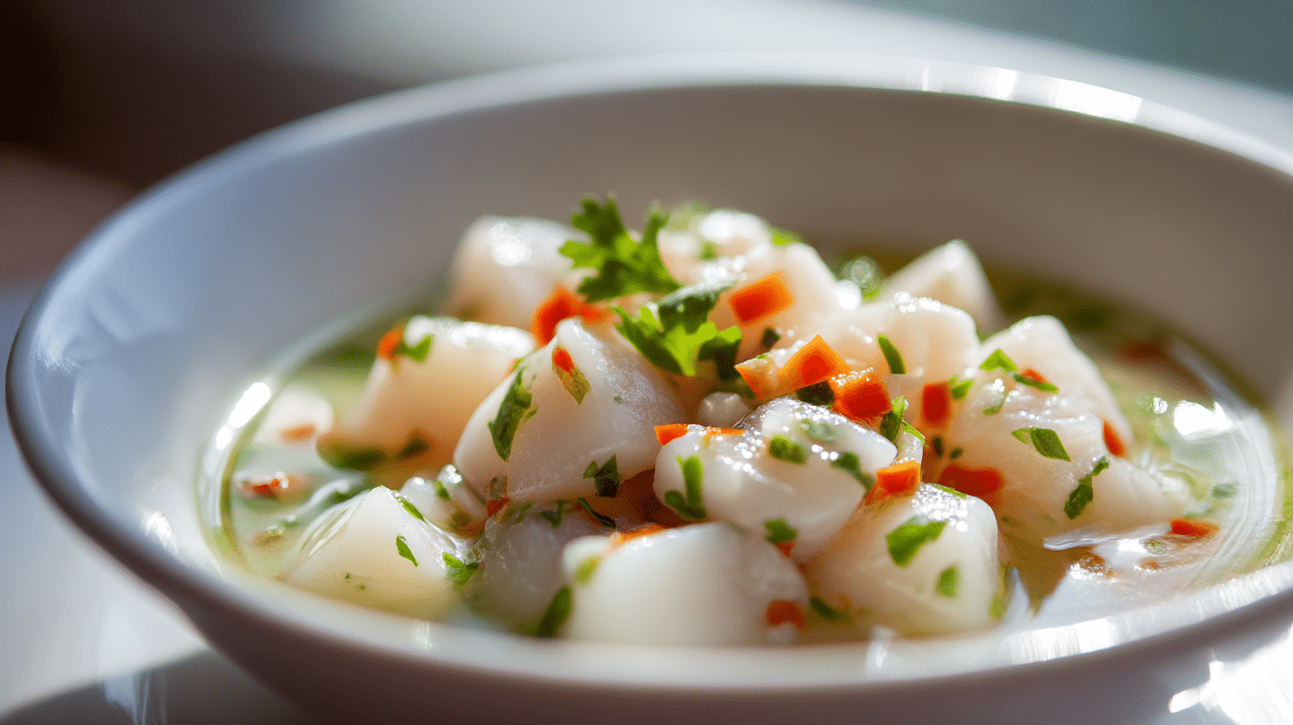 Detailaufnahme von Ceviche Rezepten Original mit Limetten und Kräutern
