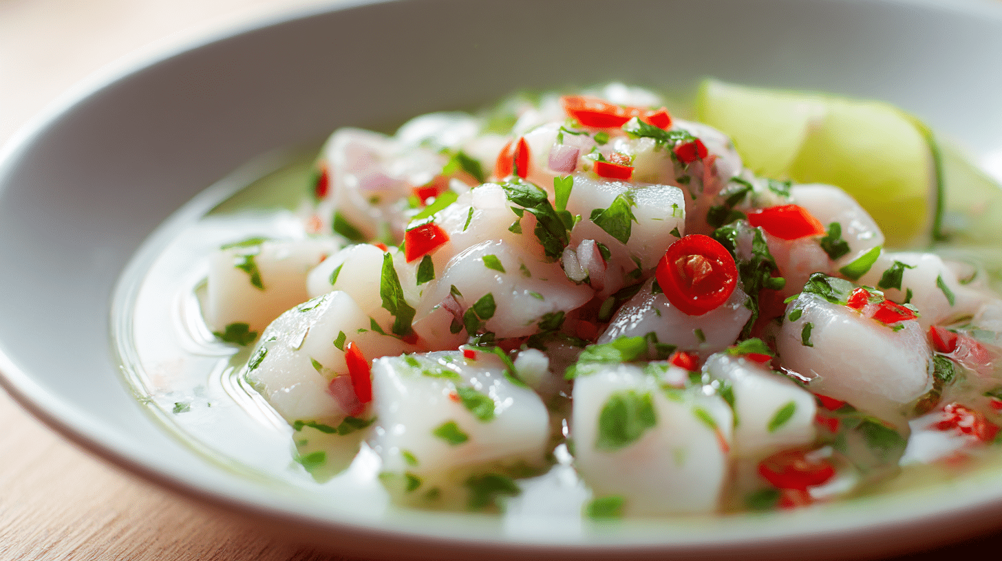 Ceviche Rezepte Original 1 Ceviche Rezepte Original als kompletter Teller mit frischem Fisch und Gemüse