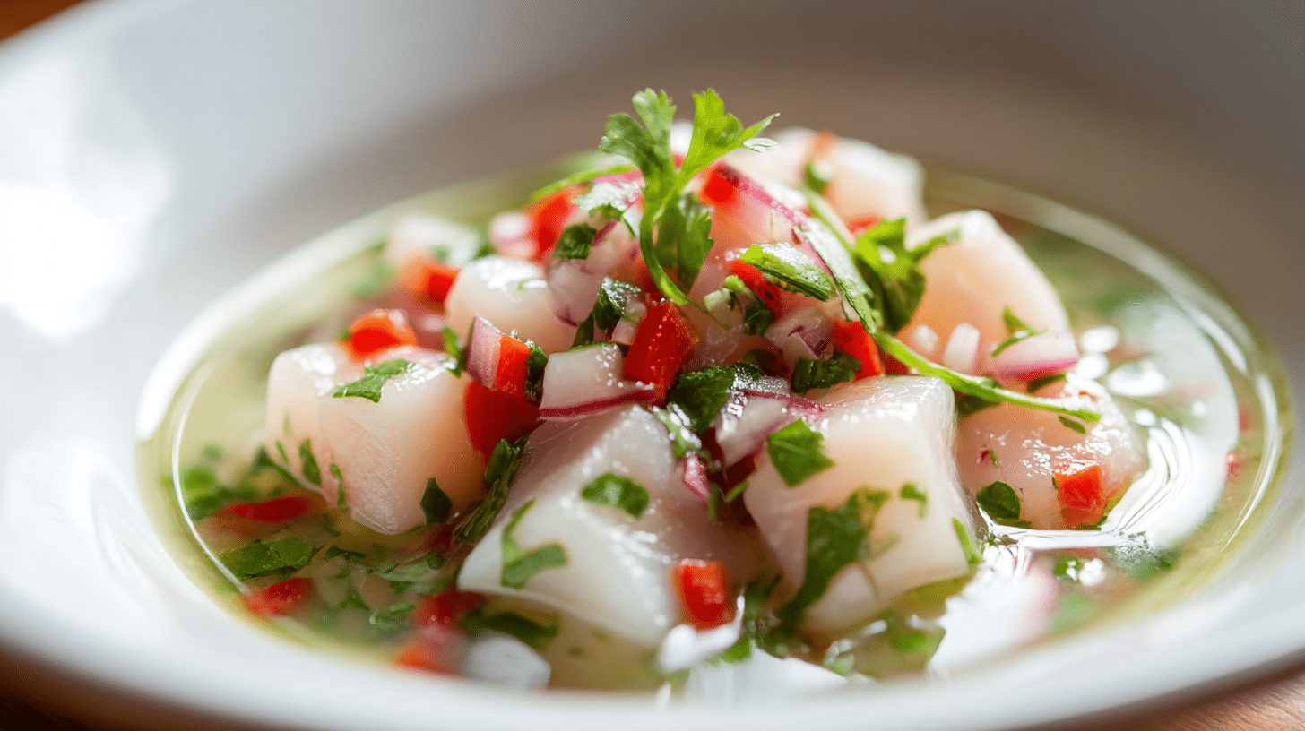Ceviche Rezepte Original auf einem dekorativen Teller angerichtet