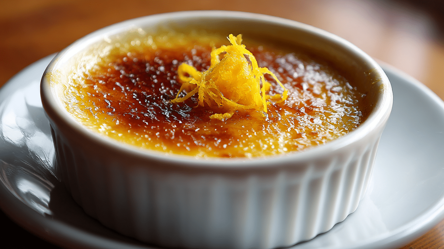 Oberansicht einer Crema Catalana mit perfekter Karamellschicht, appetitlich angerichtet