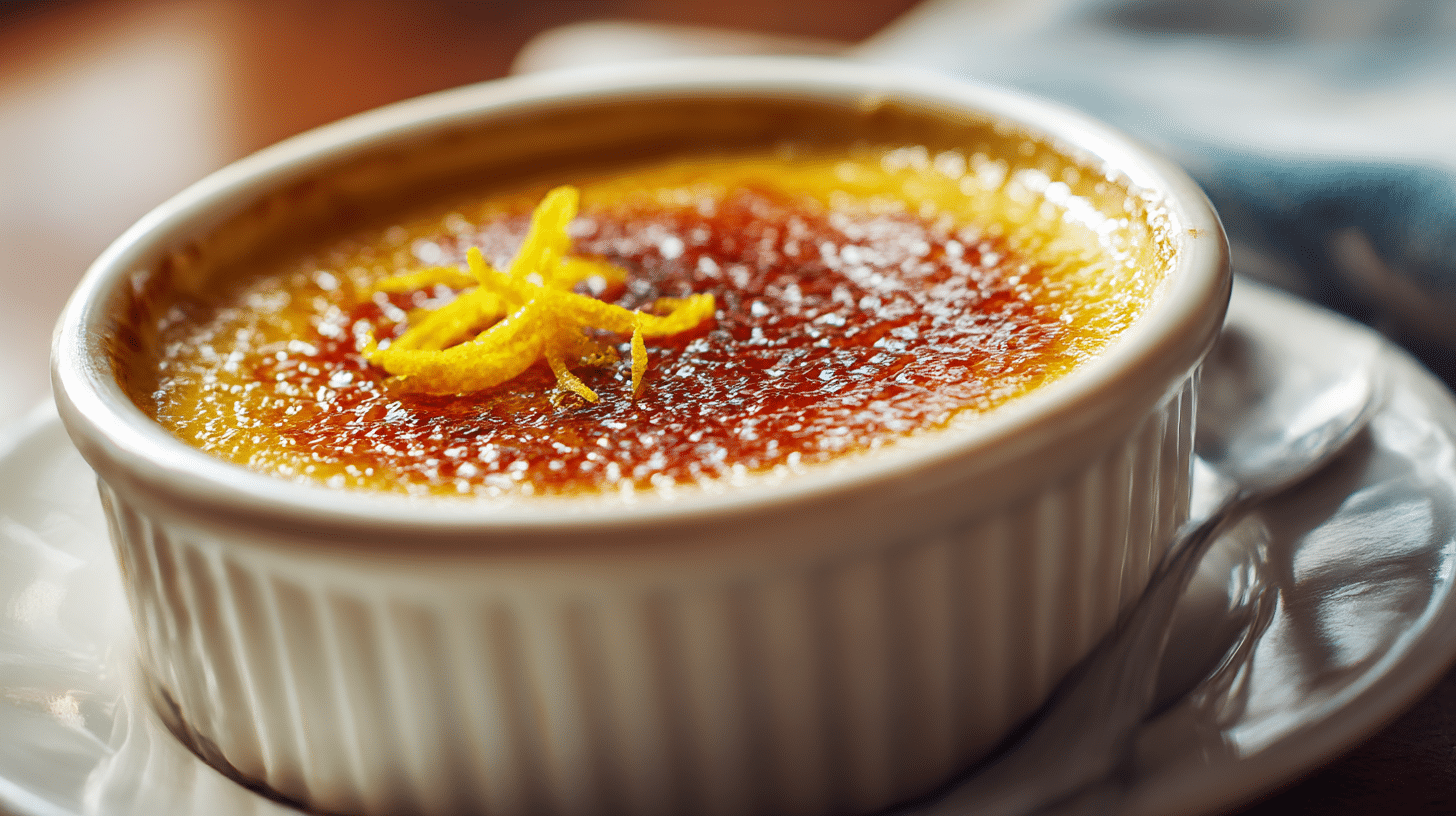 Servierte Crema Catalana in dekorativer Schale, verziert mit frischen Früchten