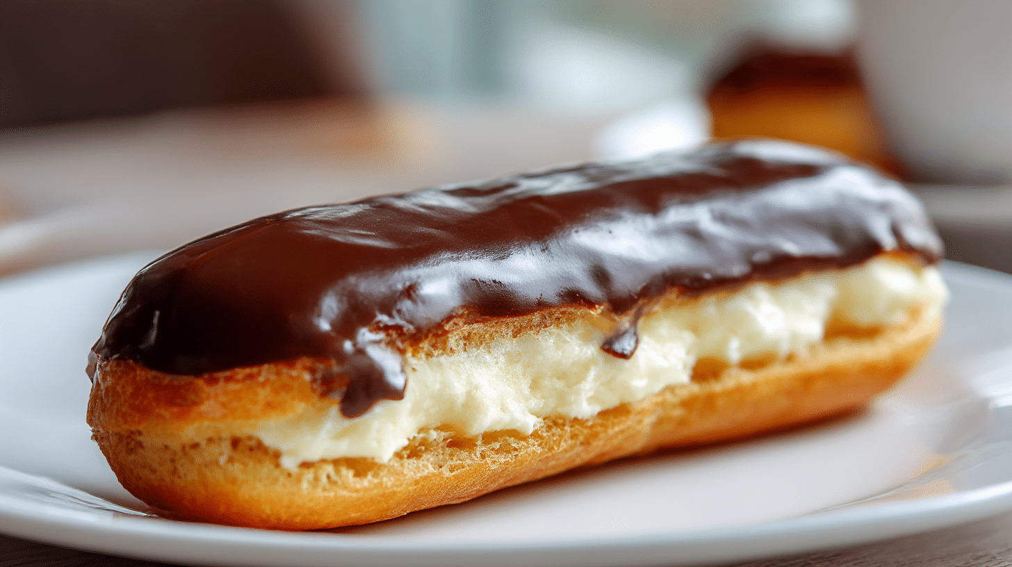 Anschnitt eines Eclairs, zeigt die aromatische Füllung nach original Rezept