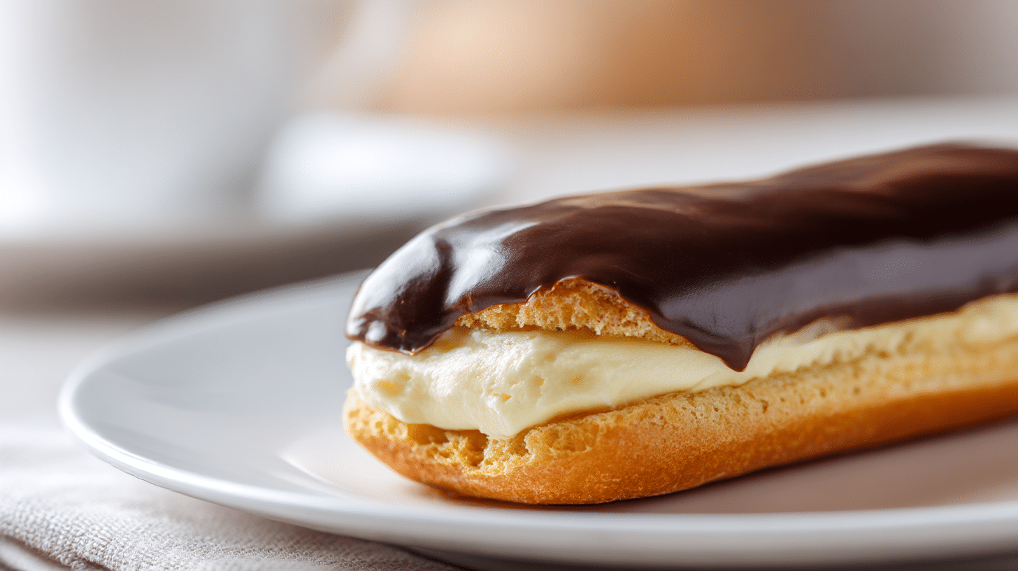 Nahaufnahme der Füllung eines Eclairs nach original Rezept, mit feiner Vanillecreme