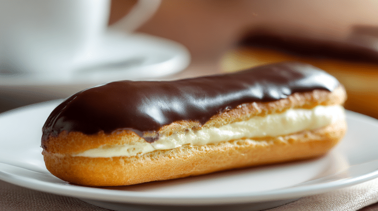 Eclair Rezept Original 8 Gesamtansicht eines Eclairs nach original Rezept, garniert mit Schokolade und Sahne