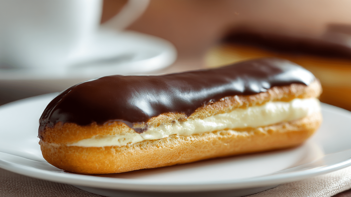 Gesamtansicht eines Eclairs nach original Rezept, garniert mit Schokolade und Sahne