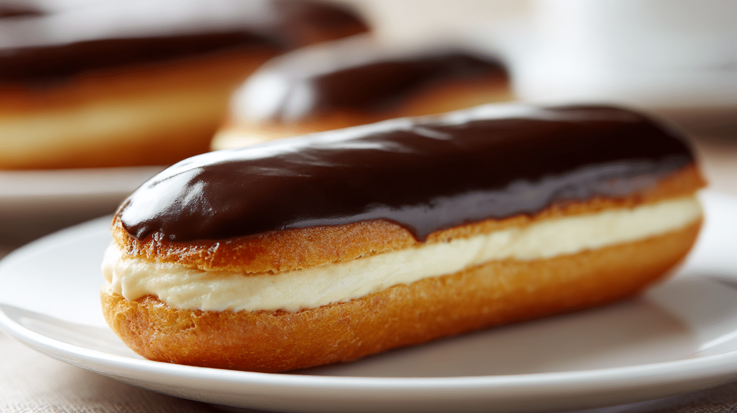 Serviertes Eclair nach original Rezept auf einem Teller, dekoriert mit frischen Beeren