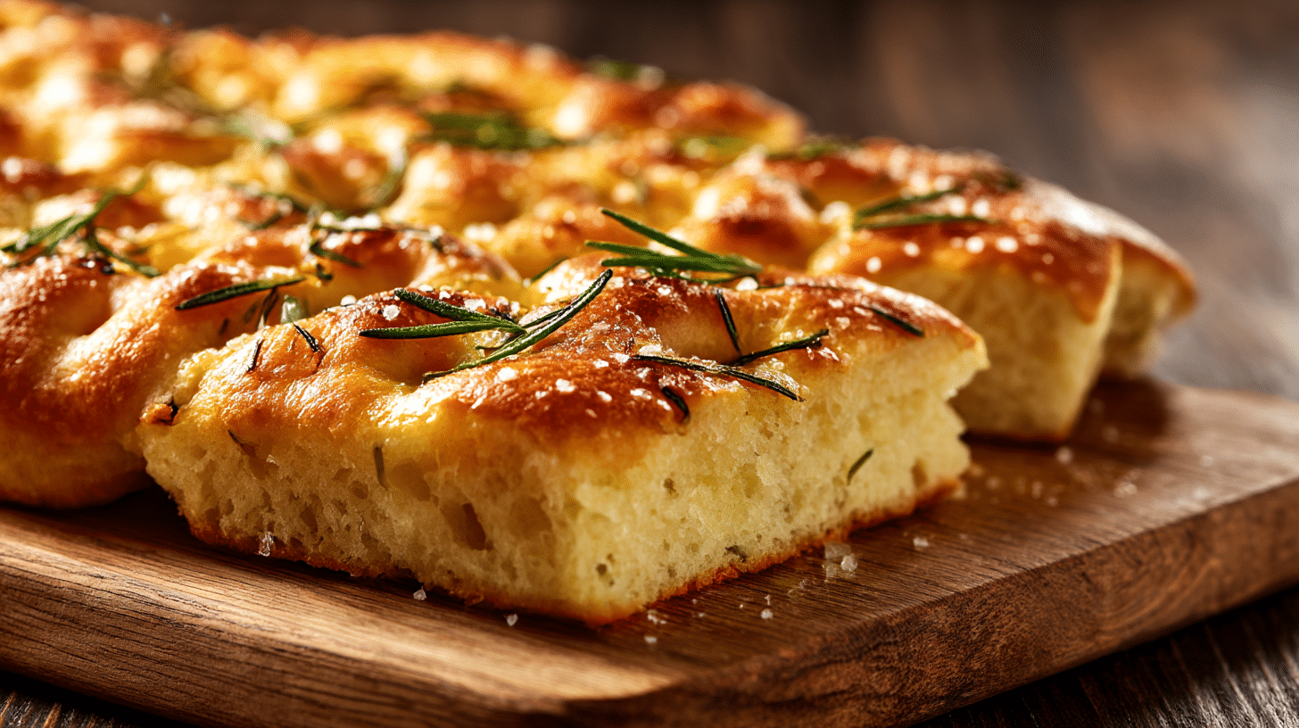 Nahaufnahme der knusprigen Kruste der originalen Focaccia, goldbraun gebacken