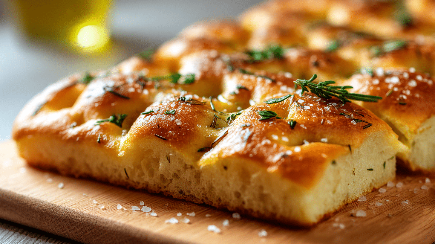 Scheibe originale Focaccia belegt mit Oliven und frischen Kräutern