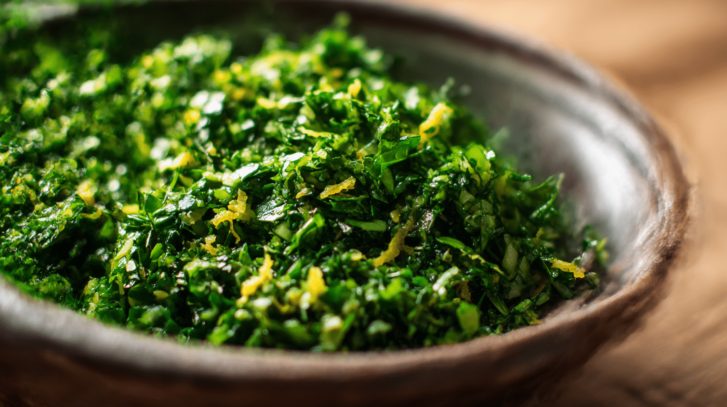 Gremolata original italienisch 1 Gesamtansicht von traditioneller Gremolata original italienisch auf Holzplatte