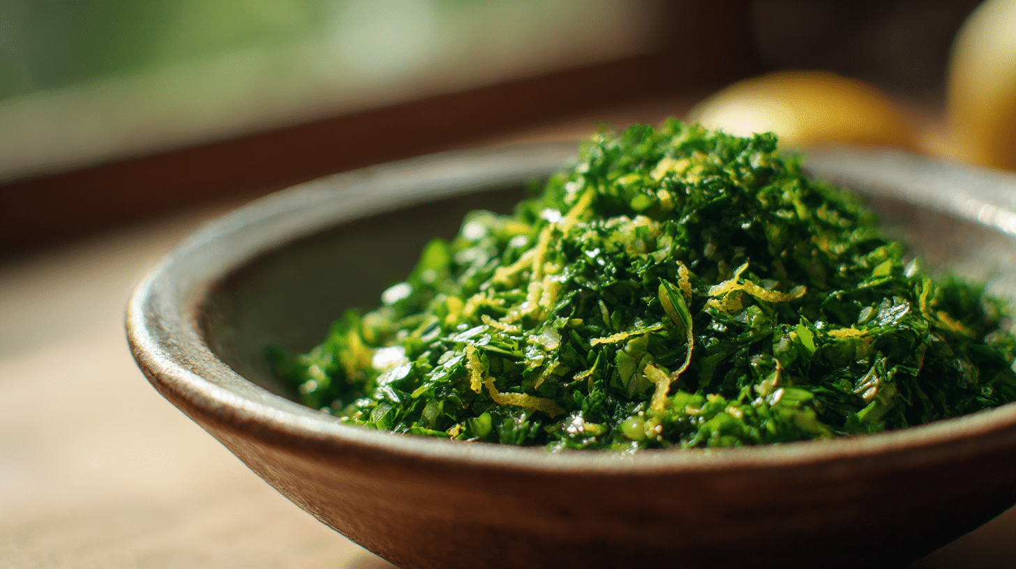 Detailaufnahme der frischen Kräuter in Gremolata original italienisch