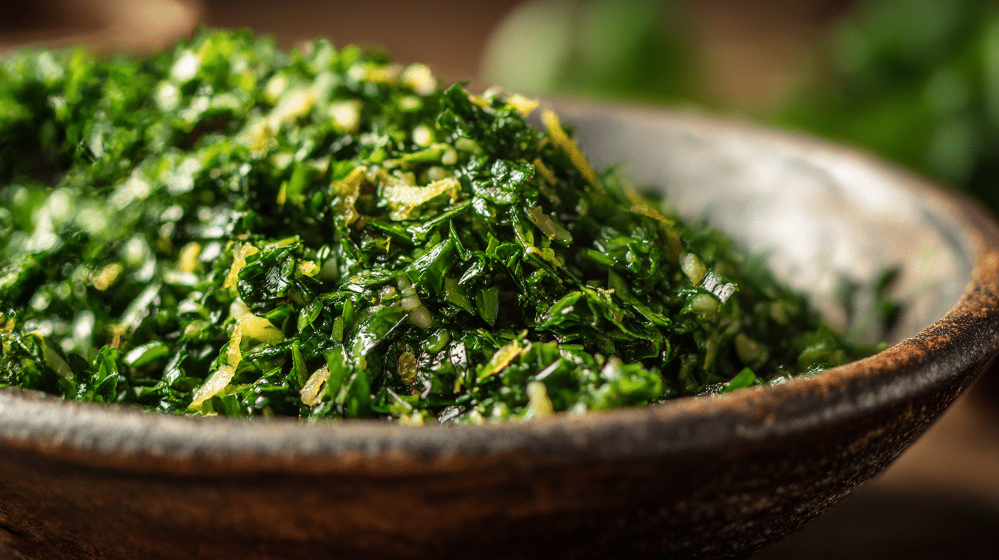 Nahaufnahme von Gremolata original italienisch mit frischen Kräutern und Zitrone