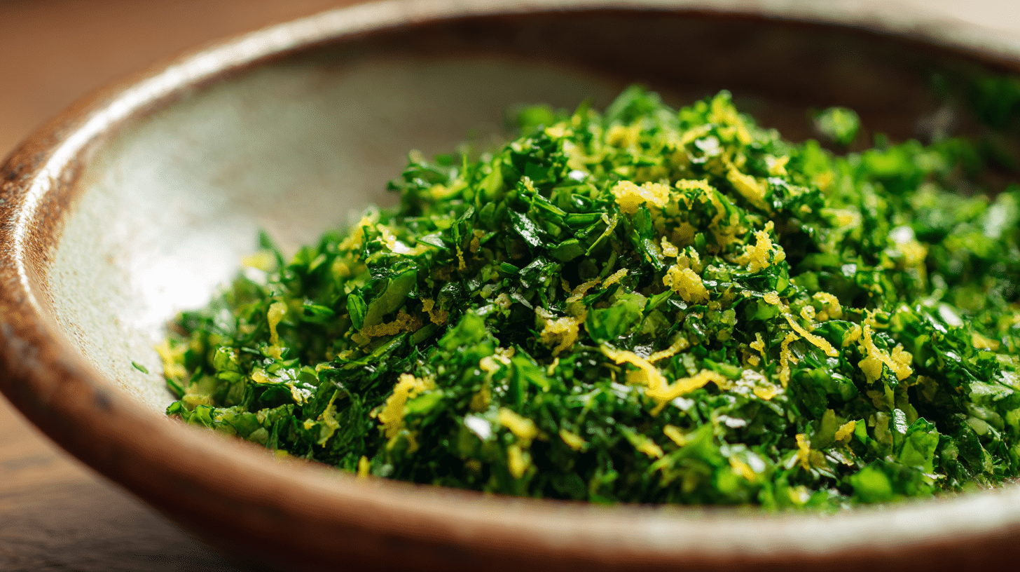Serviervorschlag der Gremolata original italienisch neben einem Gericht