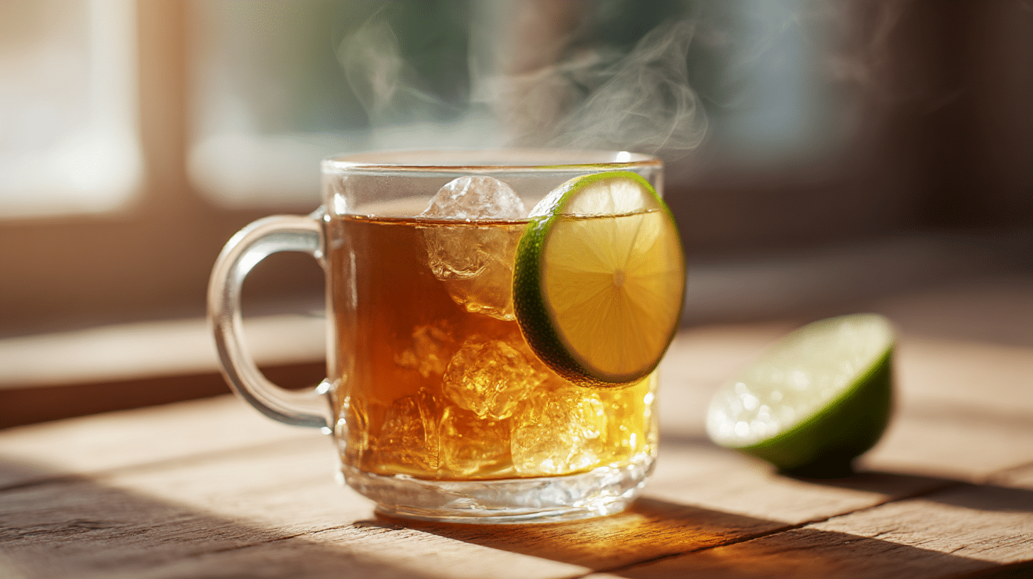 Servierte Tasse original Grog mit Zimtstange und Zitrone