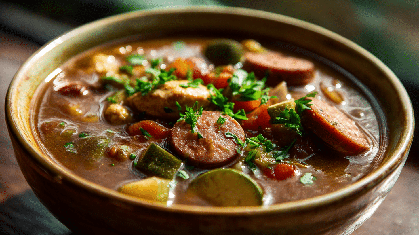 Servierte Portion original Gumbo mit Reis und frischen Kräutern