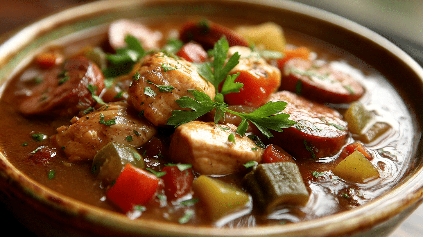 Original Gumbo im kochenden Topf auf dem Herd mit Dampf