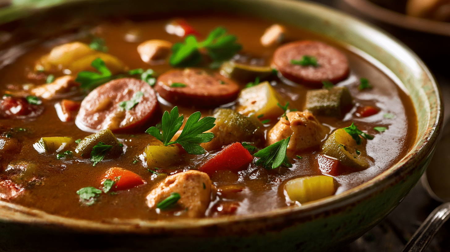 Original Gumbo in großer Schüssel mit frischem Gemüse und Garnelen, traditionelles Rezept