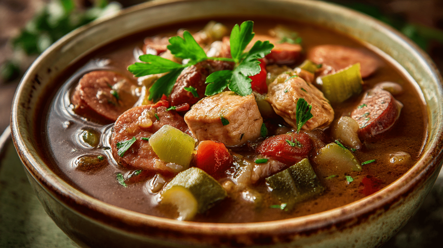 Naheaufnahme von frischen Zutaten für Gumbo, einschließlich Wurst und Gemüse