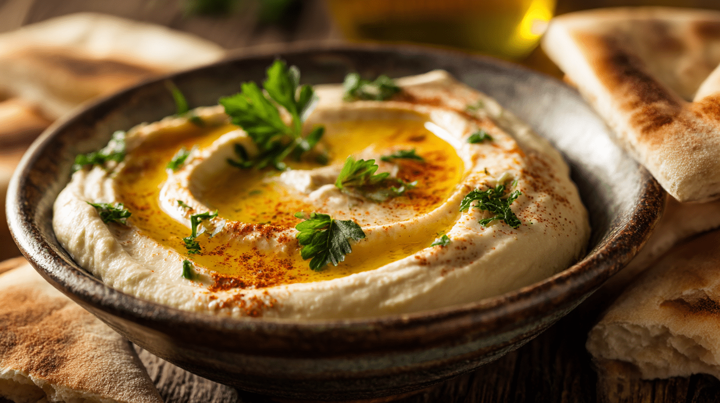 Hummus im Tonteller mit Koriander und Zitronenscheiben