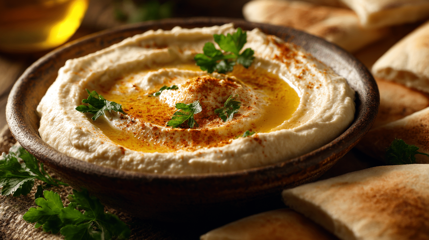 Original arabischer Hummus in schöner Schale mit Olivenöl und Paprika