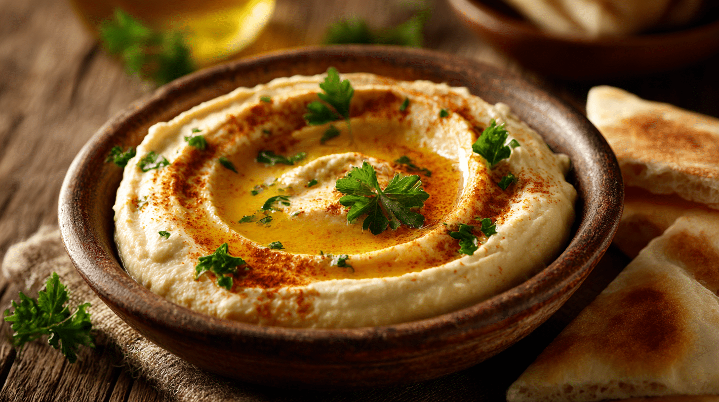 Nahaufnahme von cremigem Hummus mit Kichererbsen und Oliven