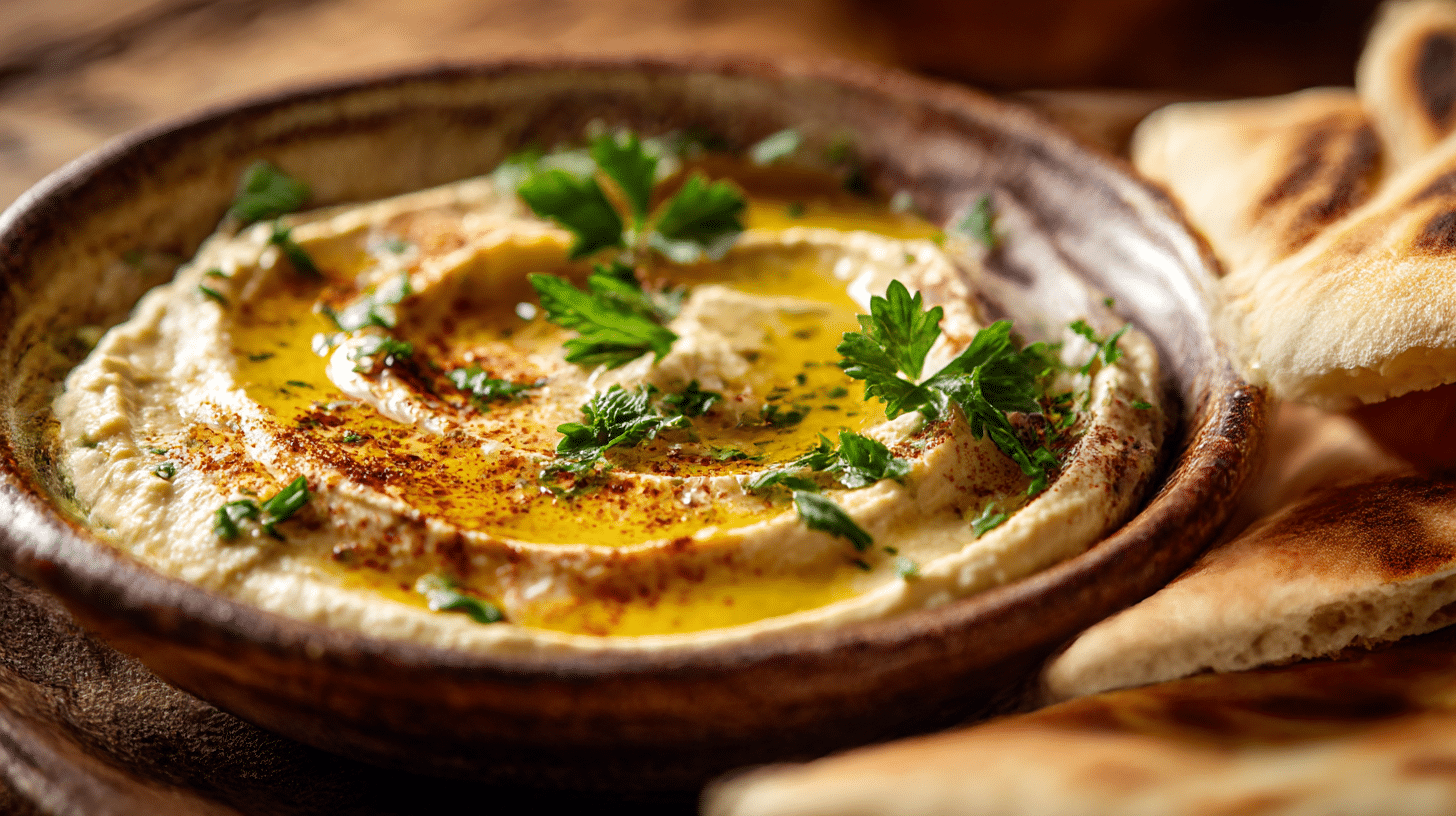 Serviervorschlag für Hummus mit frischem Brot und Gemüse
