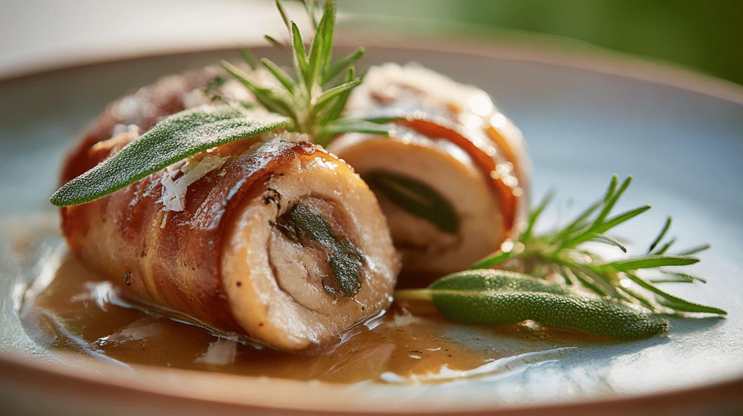 Involtini original garniert mit Sauce auf einem eleganten Teller