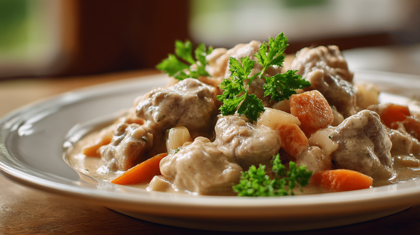Detailaufnahme von original Kalbsrahmgulasch mit zartem Kalbfleisch und cremiger Sauce