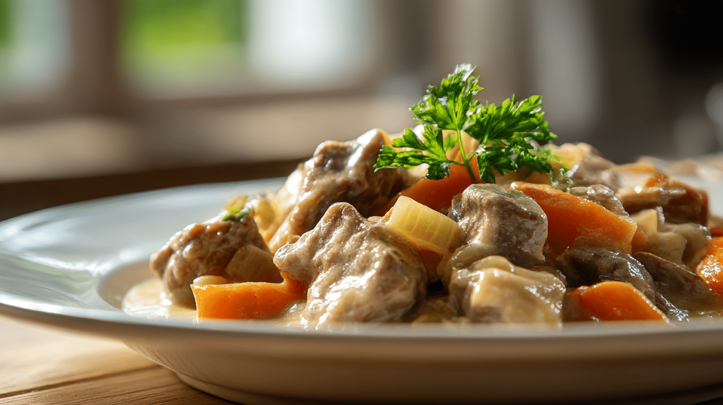 Original Kalbsrahmgulasch in tiefer Schüssel, dampfend serviert mit frischer Petersilie