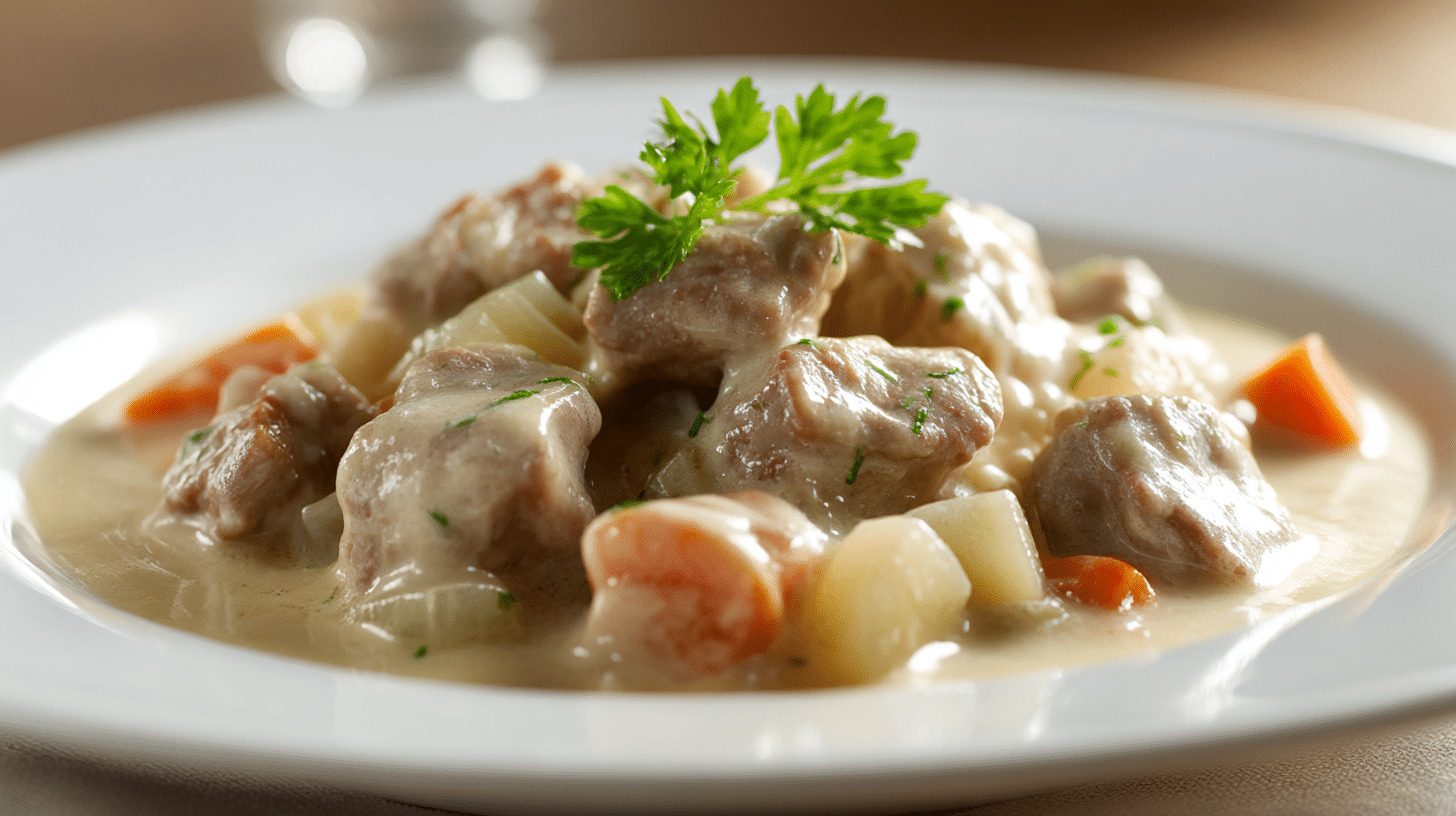 Nahaufnahme der cremigen Sauce von original Kalbsrahmgulasch auf dem Teller